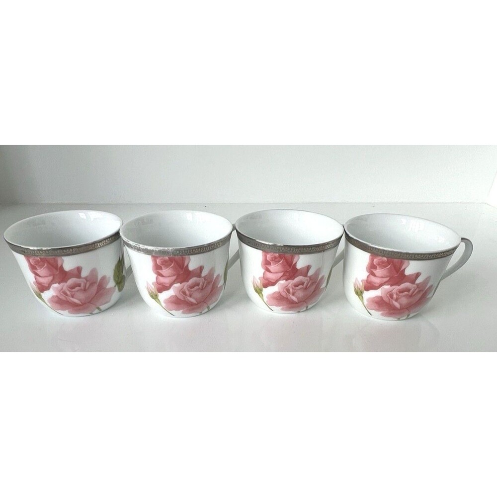 Charter Club Rose Platinum Fine China Tea Coffee Cups Set of 4 Fashion Buffet